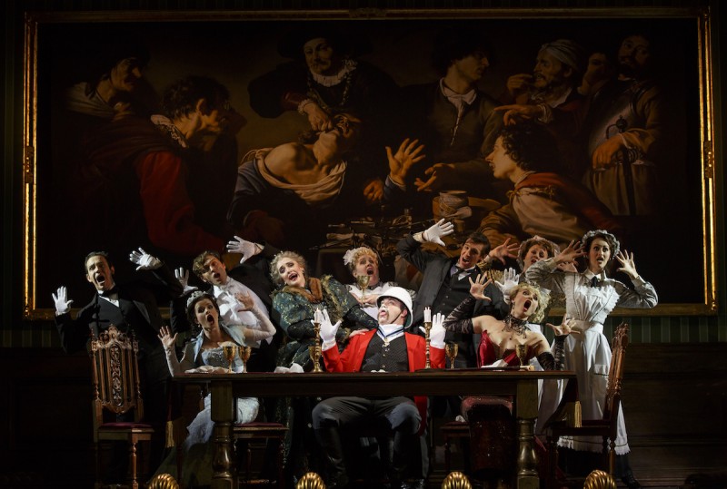 National Touring Company. The cast with John Rapson as Lord Adalbert D’Ysquith (red ) in a scene from “A Gentleman’s Guide to Love & Murder.”Photo credit: Joan Marcus.