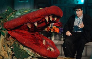 Audrey II and Steven Heron in Titusville Playhouse's LITTLE SHOP OF HORRORS. Photo by Doug Lebo