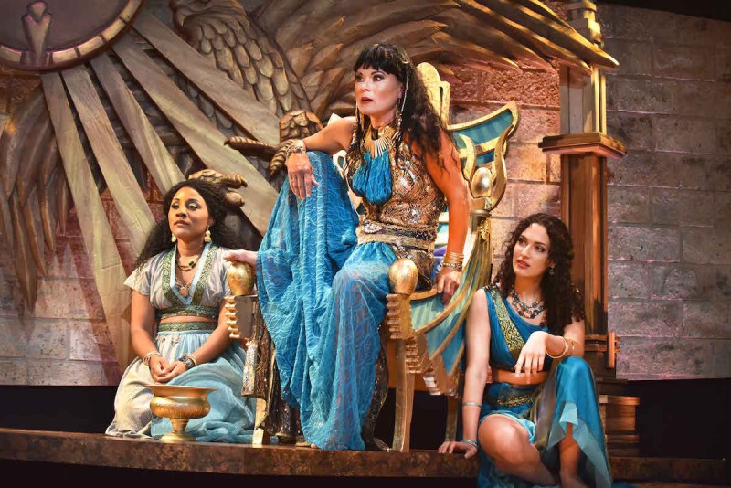 Roberta Emerson as Iras, Caralyn Kozlowski as Cleopatra, and Sophia Blum as Charmian star in Orlando Shakespeare Theater’s production of Antony and Cleopatra. Photo by Tony Firriolo.