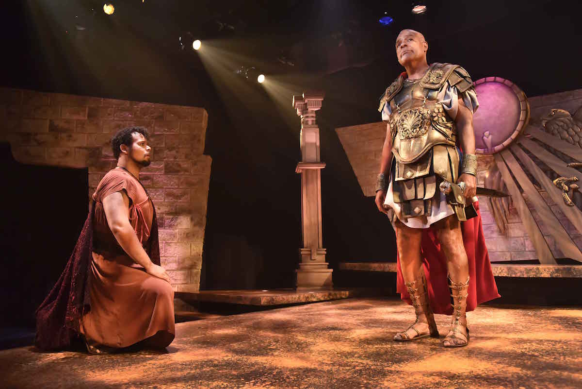 Topher Embrey as Eros and Michael Dorn as Antony star in Orlando Shakespeare Theater’s production of Antony and Cleopatra. Photo by Tony Firriolo.
