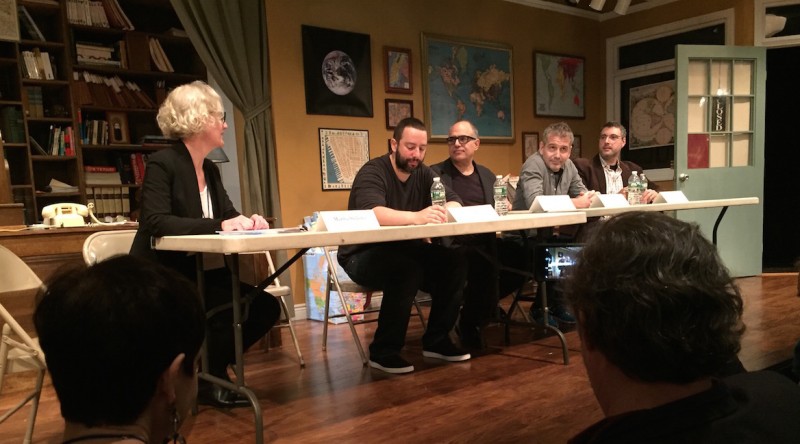 ATCA member Martha Wade Steketee, left, moderates panel with THE BAND'S VISIT creative team, from left: Itamar Moses (book), David Yazbek (music & lyrics), David Cromer (director) and Orin Wolf (producer). Photo by Pam Harbaugh